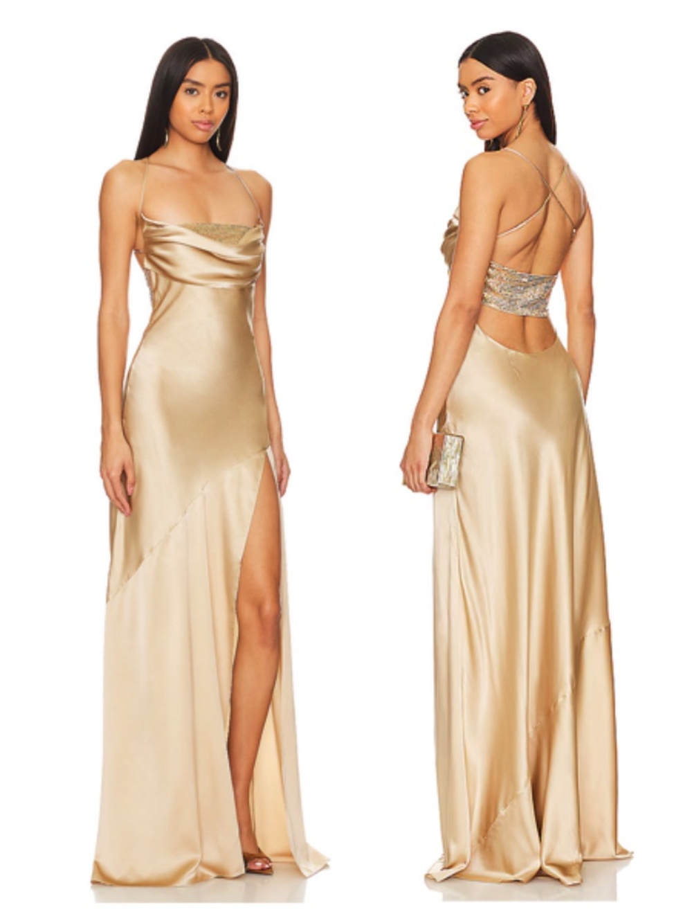 Retrofete Emery Silk Dress Gown in Nude / Gold (Size XS)